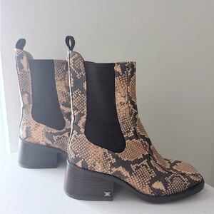 Sam Edelman Tan and Black Snake Print Ankle Boots